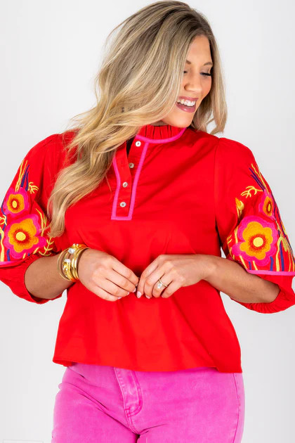 Making Moves Tomato Red Long Sleeve Blouse | The Willow Tree