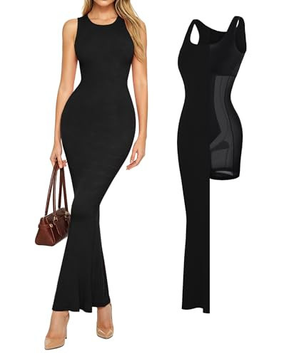 Popilush Maxi Dresses for Women Built-in Bra Shapewear Bodycon Modal Long Dress Tummy Control Fit Casual Formal Dresses Black XX-Large | Amazon (US)