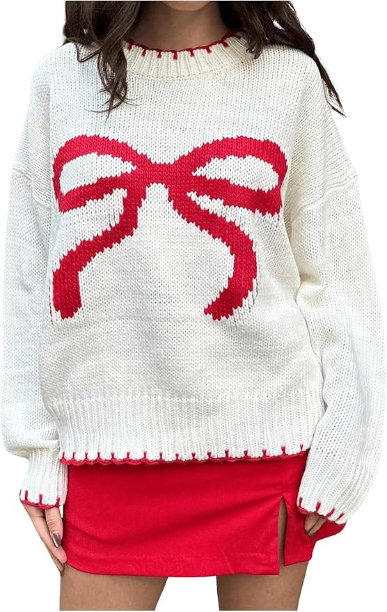 Women's Bow Graphic Long Sleeve Knitted Sweater Round Neck Drop Shoulder Pullover Sweaters | Amazon (US)