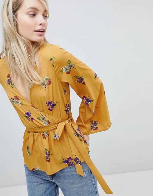 Wednesday's Girl Wrap Blouse With Waist Tie In Floral Bunch Print | ASOS US