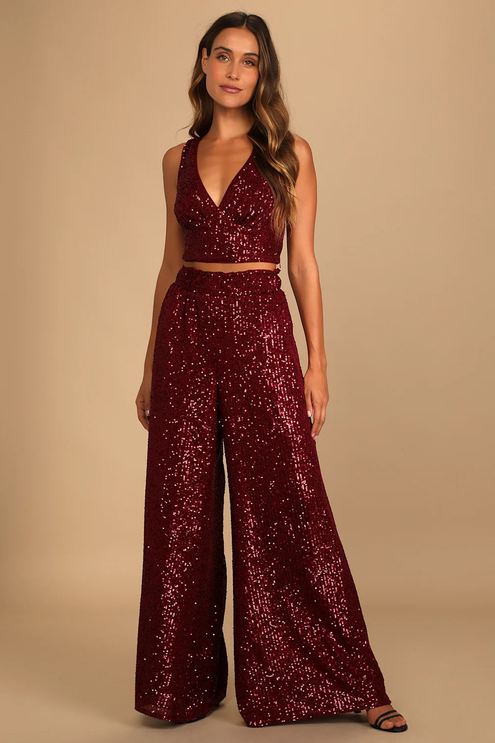 Flawless Sparkle Wine Red Sequin V-Neck Tank Top | Lulus (US)