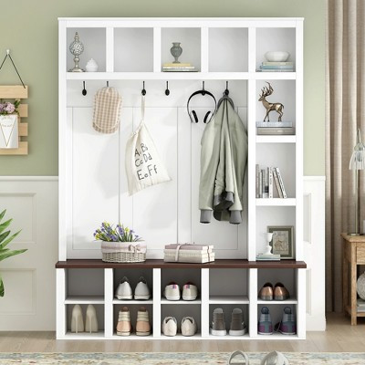 Polibi 4-IN-1 Hall Tree with 6 Hooks, Storage Bench with Adjustable Shelves, Entryway Shoe Cabinet with Cubbies, White and Walnut | Target