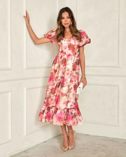 Last Dance Floral Corset Puff Sleeve Midi Dress | VICI Collection