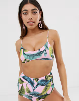 Monki cross back tropical print bikini top in pink | ASOS US