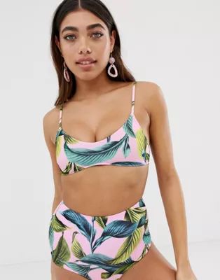 Monki cross back tropical print bikini top in pink | ASOS US