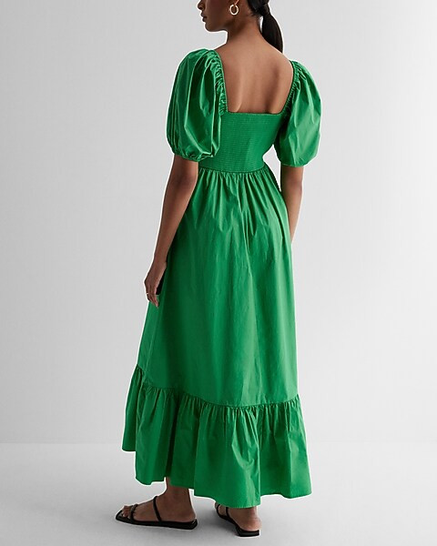 Square Neck Puff Sleeve Tiered Poplin Midi Dress | Express