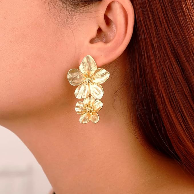 Gold Large Double Flower Earrings for Women Boho Statement Flower Earrings Bohemian Gold Elegant ... | Amazon (US)