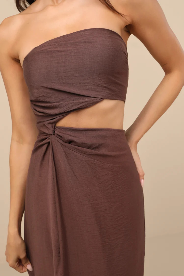 Zisel Brown Cutout Strapless Midi Dress | Lulus