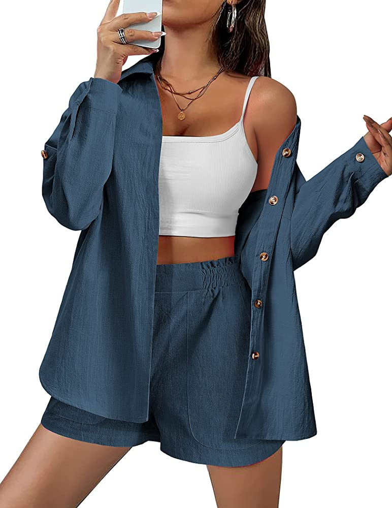 Hotouch Women 2 Piece Outfits Cotton Linen Set for Summer Two Piece Shirt& Shorts Tracksuit Loung... | Amazon (US)