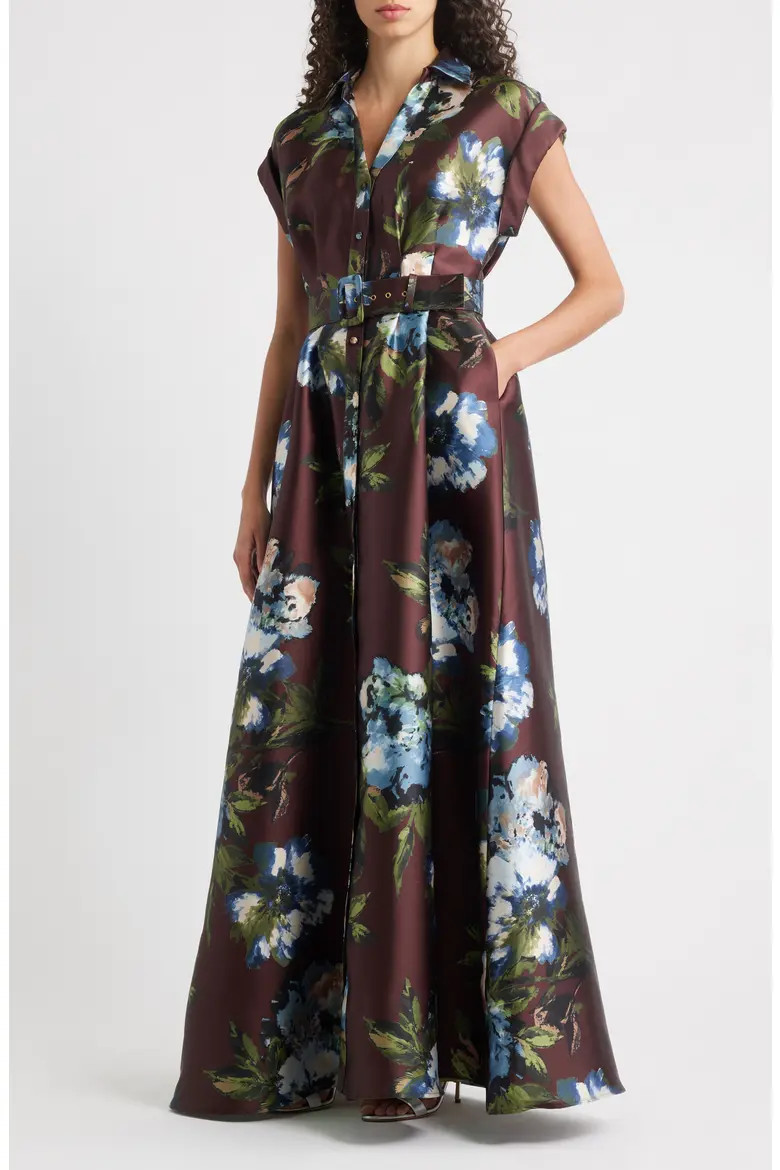 Julia Jordan Floral Print Belted Satin Gown in Brown Multi at Nordstrom, Size 8 | Nordstrom