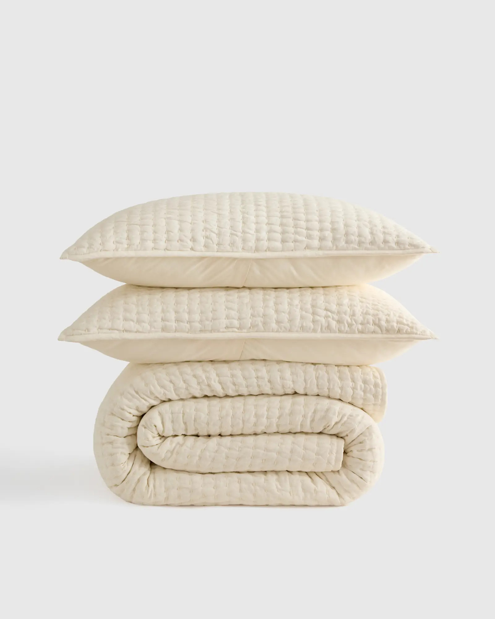 European Linen Cotton Stitch Quilt Set in Ivory | Quince