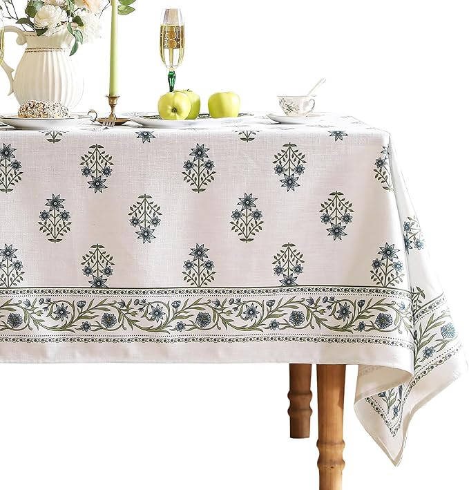 ISAENNE Designer White Linen Extra Long Tablecloth Rectangle,Chinoiserie Floral Elegant Indoor Ta... | Amazon (US)
