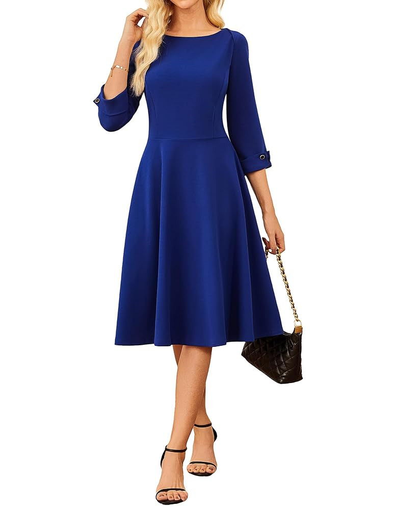 GRACE KARIN Work Dresses for Women 2025 3/4 Sleeve Fit and Flare Business Midi Dress Classy Offic... | Amazon (US)