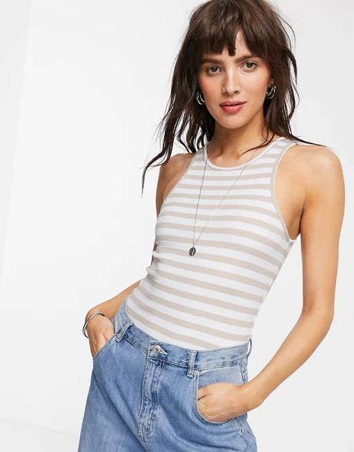 Weekday Stella striped ribbed tank top in beige and white stripe | ASOS UK