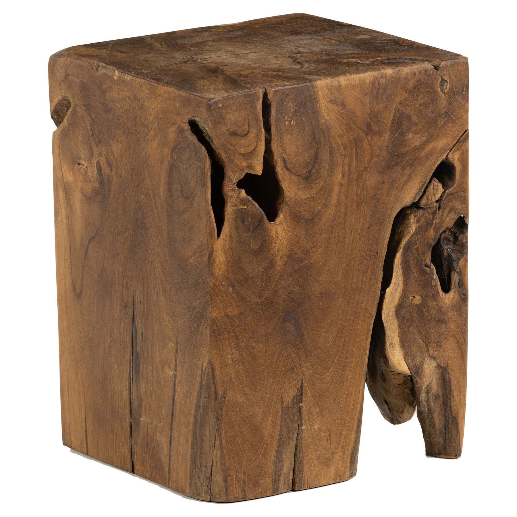 Santiago Rustic Lodge Natural Teak Wood Square Outdoor Stool | Kathy Kuo Home