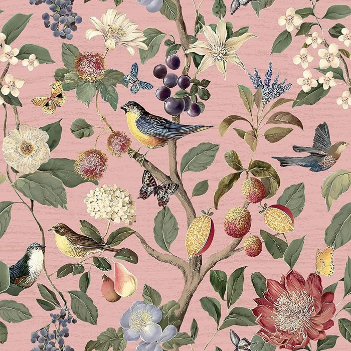 VEELIKE Pink Chinoiserie Wallpaper Peel and Stick Vintage Bird Wallpaper with Butterflies Flowers... | Amazon (US)