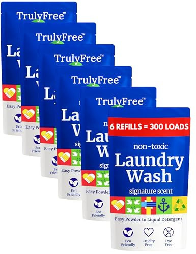 Truly Free Natural Laundry Detergent for Sensitive Skin | Eco Friendly, Plant Based, Baby Clothes Safe | Clean & Easy Powder to Liquid, 6 Pack Refill Detergent, NO Jug | Signature Scent, 300 Loads | Amazon (US)