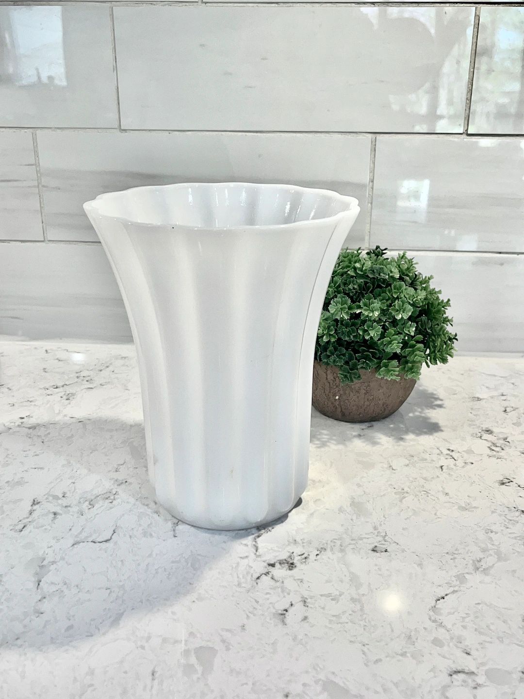 Large Vintage Milk Glass Vase With Ribbed Stripes, Ruffled Edge Milk Glass Vase | Etsy (US)