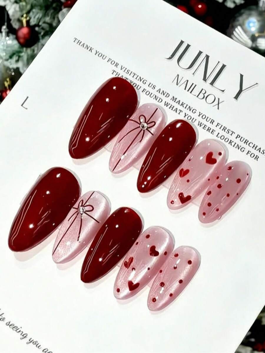 10pcs Red & Pink Almond Shaped Nail Stickers, Romantic Red & Pink Style, 3D Bow Decor, Heart Patt... | SHEIN