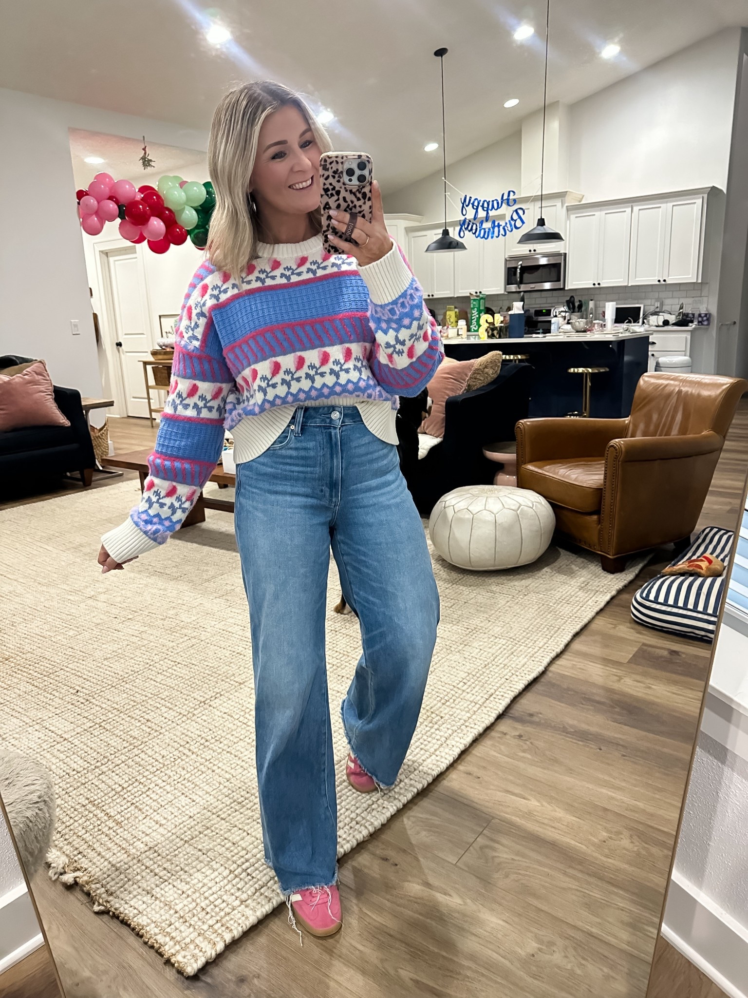 Medium sweater. It’s SO soft and so pretty! Cant believe it’s target. 
Jeans a 27 but wish I had a 26 

#LTKSeasonal #LTKFindsUnder50 #LTKOver40