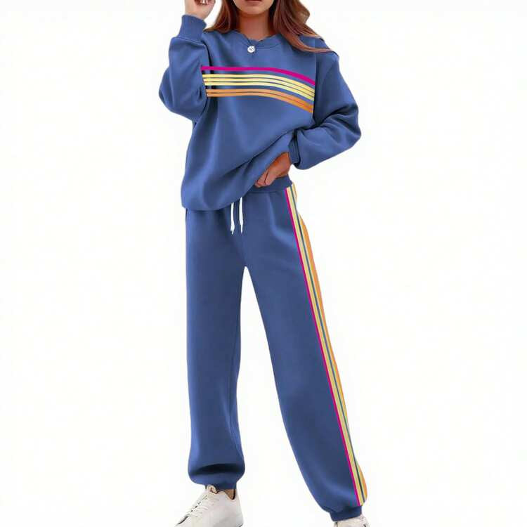 Women 2 Piece Lounge Set Rainbow Striped Sweatshirt High Waist Sweatpants Color Blocked Suit Matching Sweatsuit | SHEIN