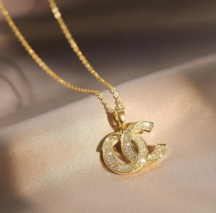 Women Luxury Designer Brand Double Letter Pendant Necklaces Chain 18K Gold Plated Crysatl Rhinest... | DHGate