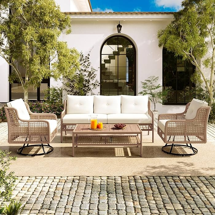Outdoor Patio Furniture Set, 4 Pieces Patio Conversation Sets with Swivel Chairs, All Weather Wic... | Amazon (US)