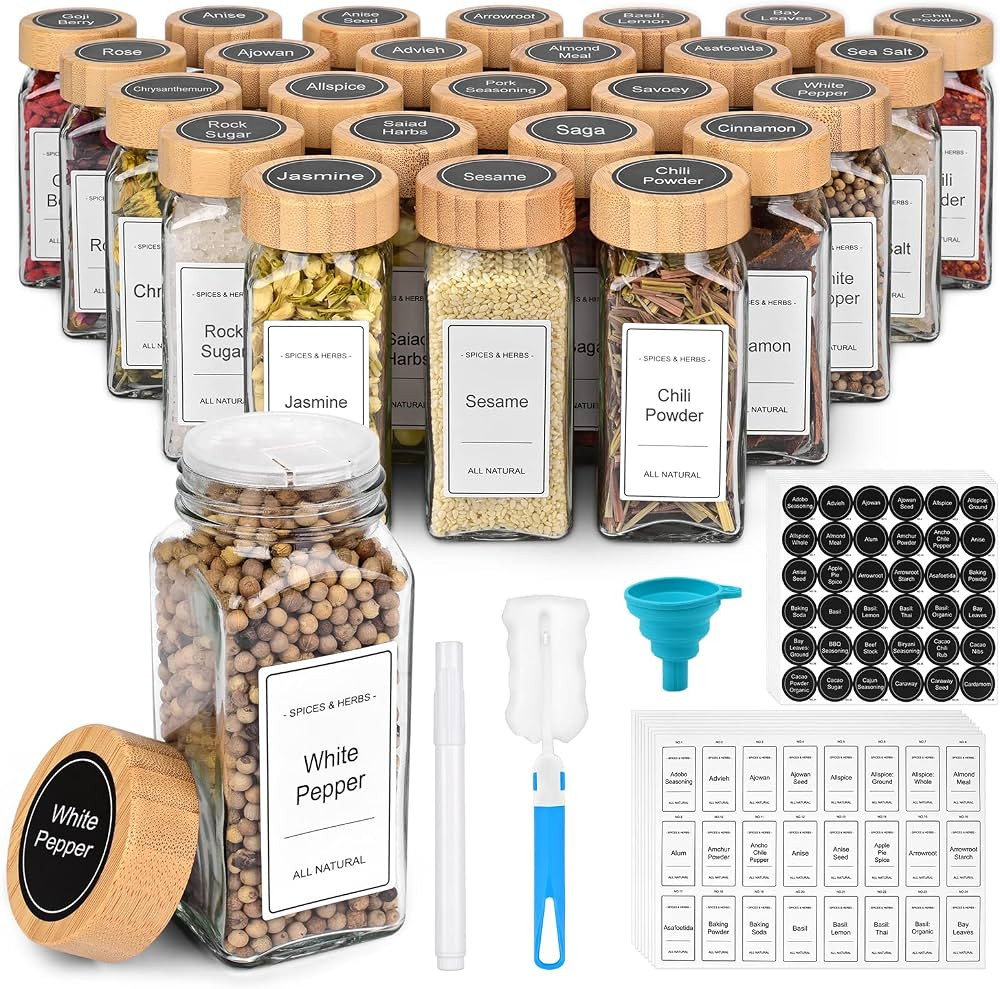 Spice Jars with Label 24Pcs, 4 oz Glass Jars with Bamboo Lids for Spice Rack, Cabinet, Drawer, Sp... | Amazon (US)