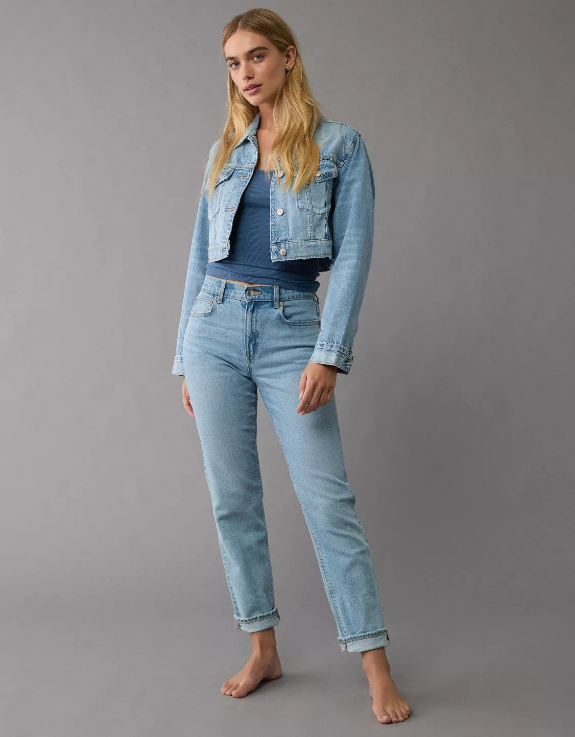 AE Dreamy Drape Super Cropped Denim Jacket | American Eagle Outfitters (US & CA)