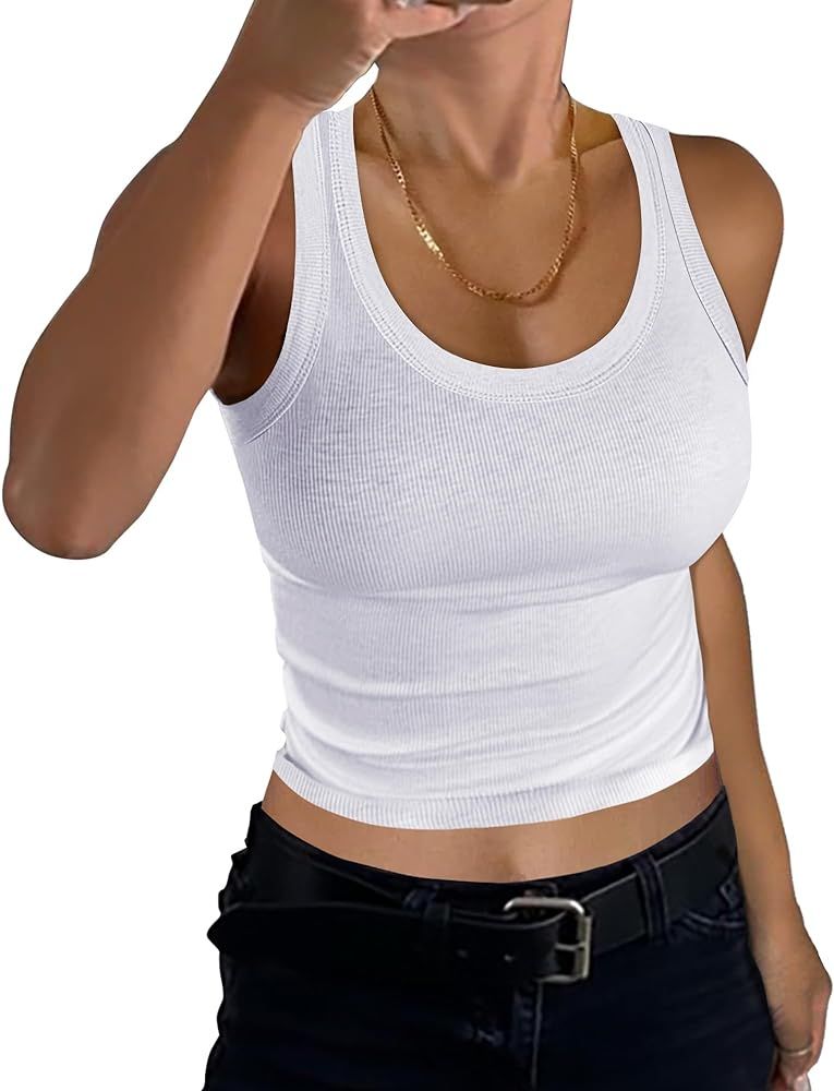 GEMBERA Women Sleeveless Scoop Neck Racerback Ribbed Knit Fitted Teen Basic Crop Tank Top Shirt | Amazon (US)