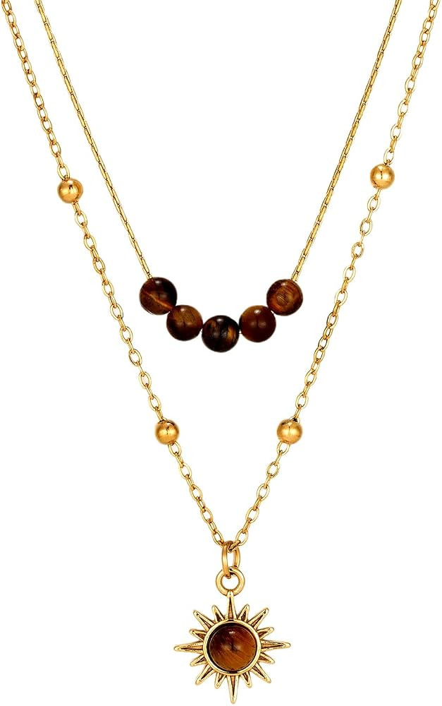 MYANAIL Tigers Eye Stone Sun Pendant Layered Necklaces for Women 14K Gold Maillard Tiger's Eye Be... | Amazon (US)