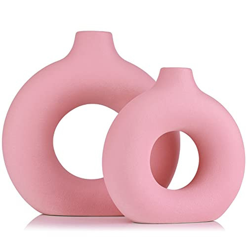Pink Vase Decor Donut Vase Set of 2 - Circle Hollow Vases, Modern Matte Ceramic Vases for Entryway Living Room Bedroom Dining Table Centerpiece Office Home Decor | Amazon (US)
