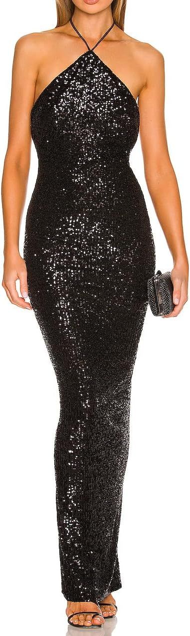 JLCNCUE Women Halter Neck Maxi Dress Open Back Sparkly Sequin Evening Gown Back Hem Slit Bodycon ... | Amazon (US)