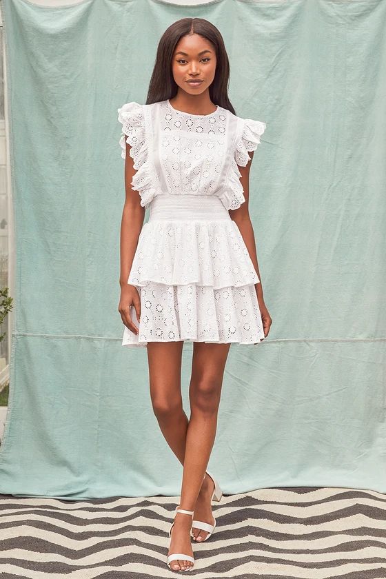 Delightfully Sunny White Eyelet Lace Tiered Ruffled Mini Dress | Lulus (US)