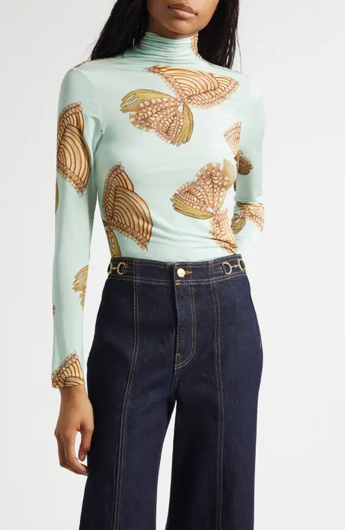 Ulla Johnson Aurelia Butterfly Print Turtleneck Top in Water Blossoms at Nordstrom, Size Small | Nordstrom