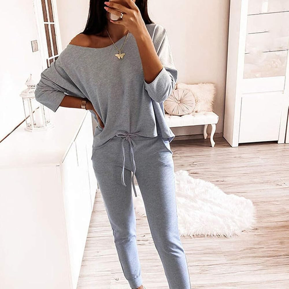 Women's Casual Long Sleeve Jumpsuit Crewneck One Off Shoulder Elastic Waist Stretchy Romper with Poc | Amazon (US)