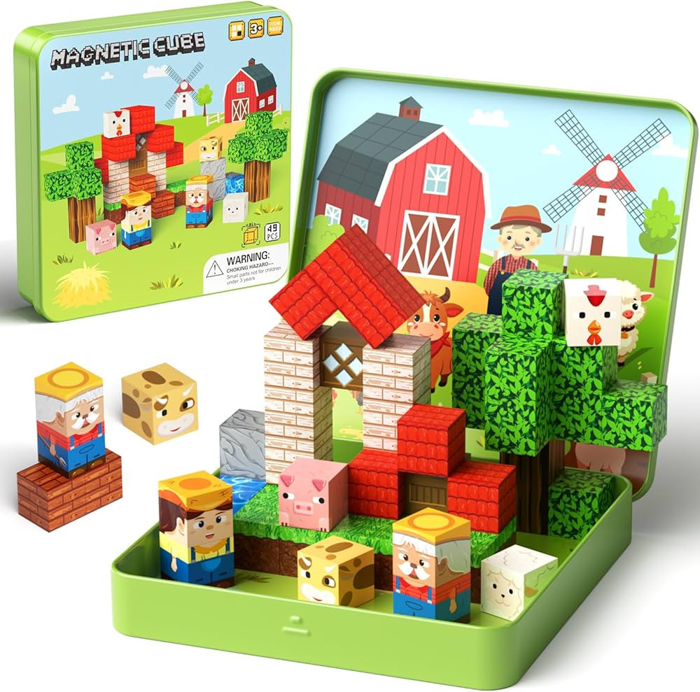 49 Pcs Farm Animals Magnetic Building Blocks Set for Toddlers 3-5, Travel Toys with Iron Storage ... | Amazon (US)