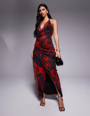 ASOS DESIGN mesh plunge halter midi dress with wrap skirt in abstract red and blue print | ASOS | ASOS (Global)