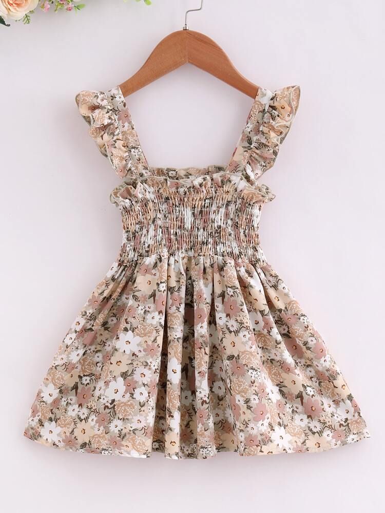 Toddler Girls Allover Floral Print Shirred Ruffle Trim Dress | SHEIN
