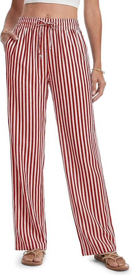 SEVEGO Tall Women 32"/34"/36" Inseam Striped Linen Pants Elastic Waist Wide Leg Pants Casual Summ... | Amazon (US)
