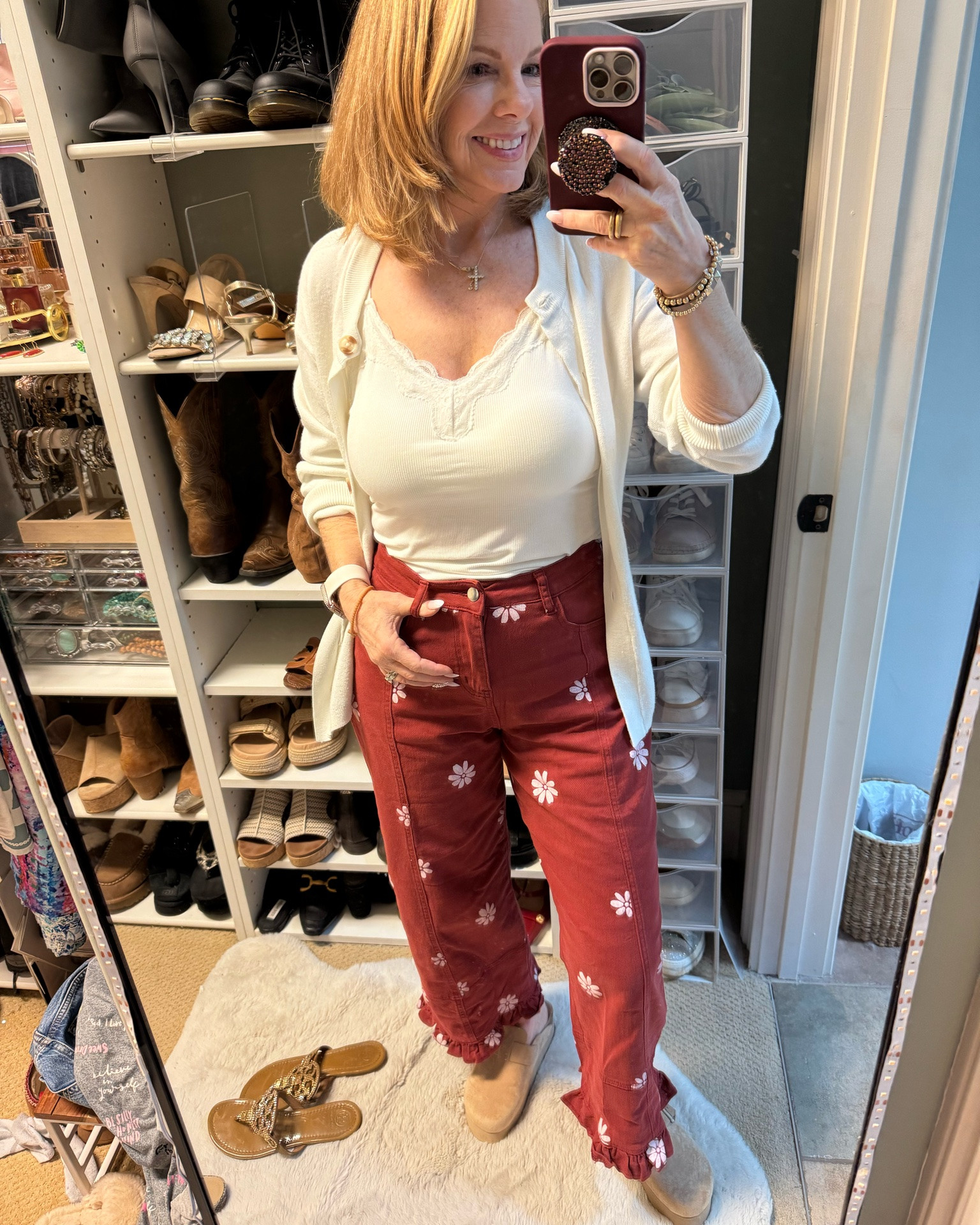 The cutest fall transition outfit. I love the ruffle on these rust red jeans! And the flower detail is too cute! The pants are a little stretchy. I’m in a size small. Pants come in multiple colors! The tank top has a built in bra! Yes please!

#LTKSeasonal #LTKgrwm #LTKootd