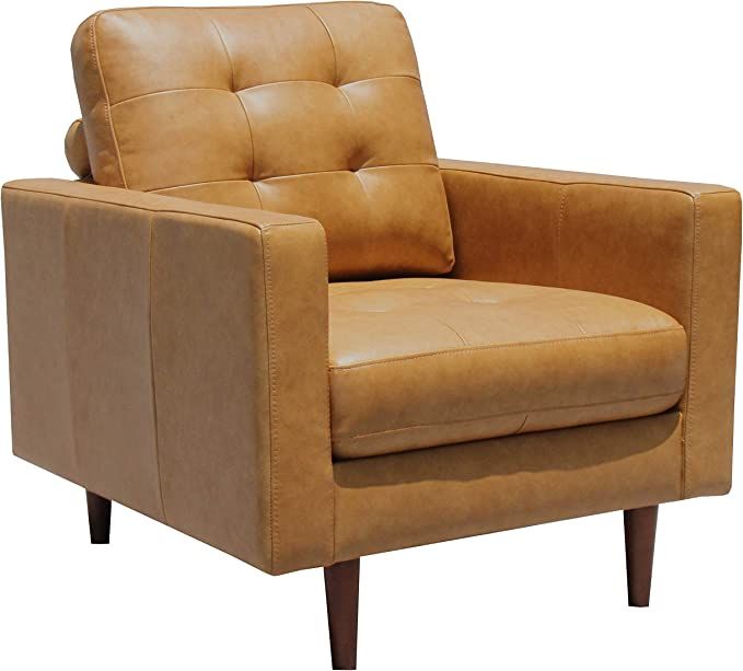 Amazon Brand – Rivet Cove Mid-Century Modern Tufted Leather Accent Chair, 32.7"W, Caramel | Amazon (US)