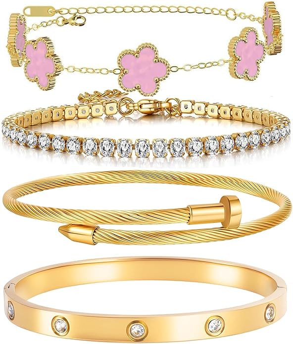 18K Gold Plated Womens Stackable Floral Bracelets Set,Twisted Cable Bangle,Trendy Jewelry,Waterpr... | Amazon (US)