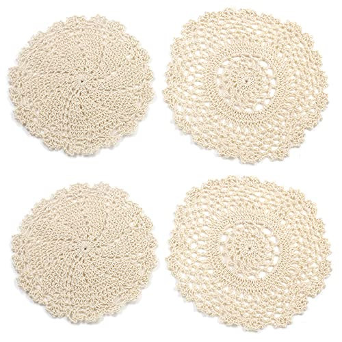 Jiozermi 4 Pcs 7 Inch Hand Crochet Lace Doilies, Handmade Vintage Round Lace Doilies Placemats Snowflake Mini Doilies for Table Decoration, Beige | Amazon (US)
