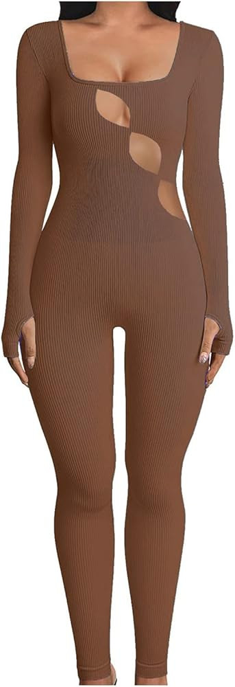 Miqil Women Yoga Jumpsuit Ribbed Long Sleeve Square Neck Bodycon Jumpsuit Romper Casual One Piece Wo | Amazon (US)