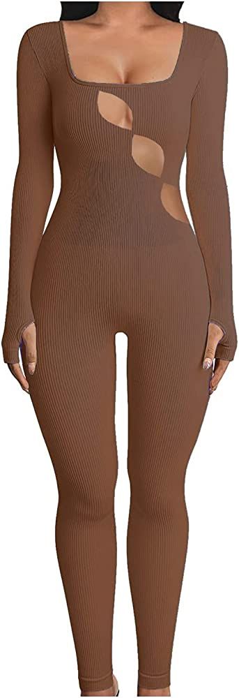 Miqil Women Yoga Jumpsuit Ribbed Long Sleeve Square Neck Bodycon Jumpsuit Romper Casual One Piece Wo | Amazon (US)