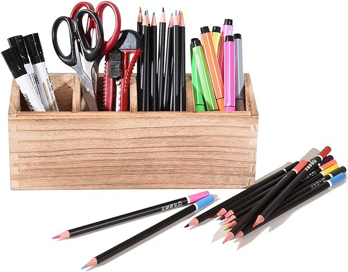 WuGeShop Wood Pen Pencil Holder for Desk, Rustic Pen Organizer 4 Compartment, Multi-Use Desktop S... | Amazon (US)