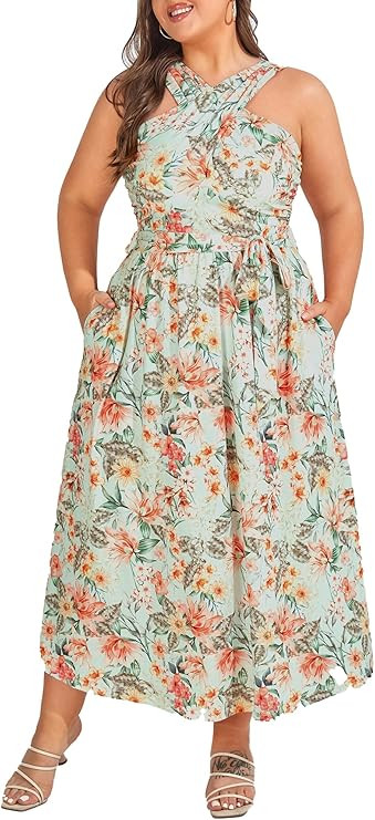 Hanna Nikole Plus Size Floral Dress Women Crossover Halter Neck Maxi Sleeveless Boho Casual Long ... | Amazon (US)