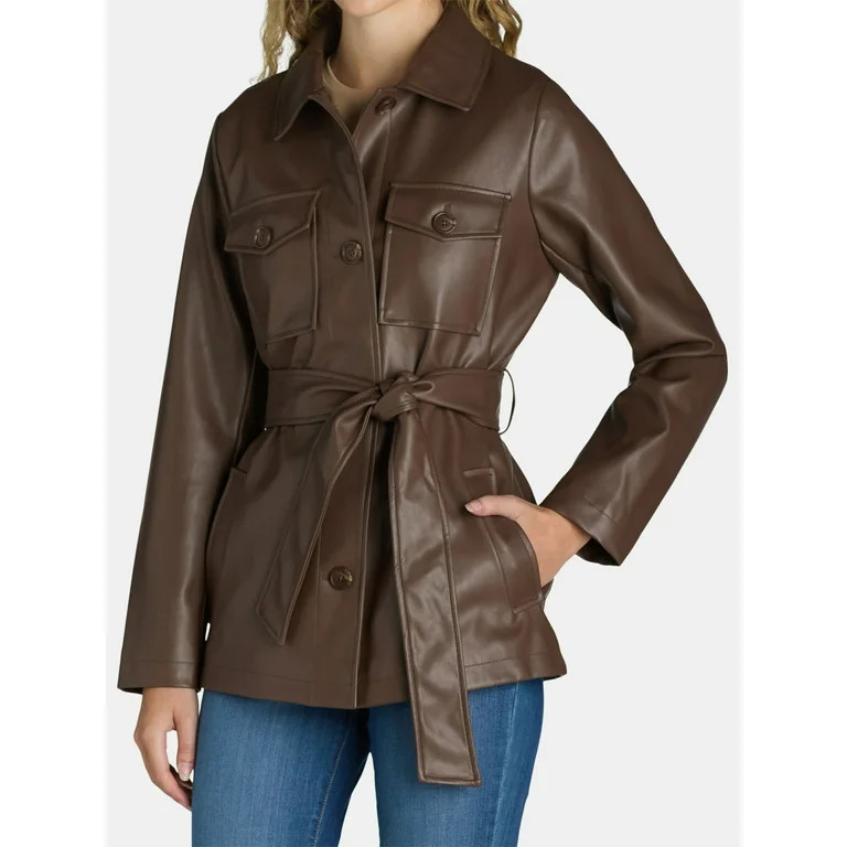 Time and Tru Women's and Women's Plus Faux Leather Cropped Belted Trench, Sizes XS-3X | Walmart (US)