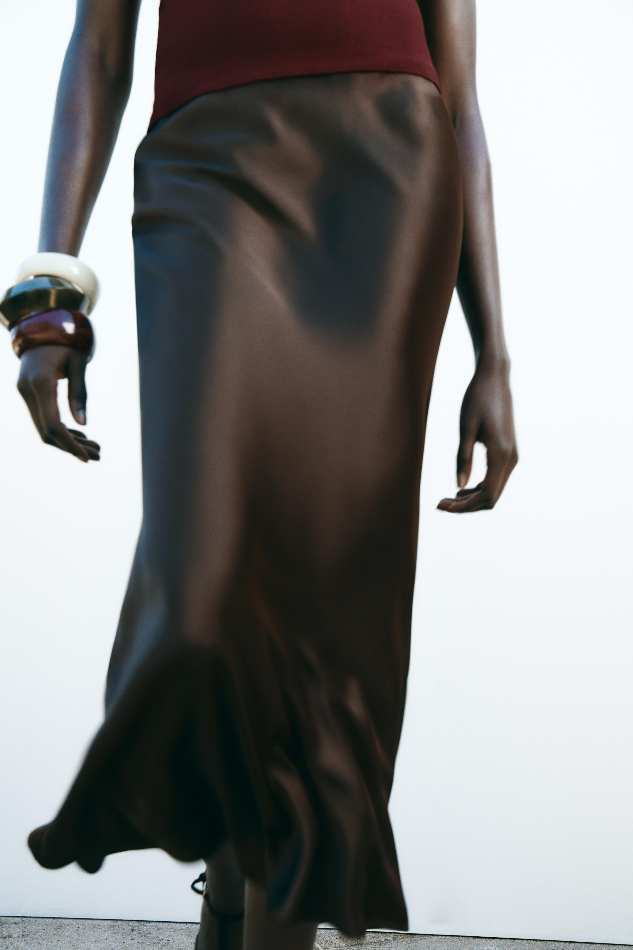 SATIN MIDI SKIRT$ 45.90 Brown Black Ecru Soft gold Russet Dark olive Burgundy Mid-greenBrown | 21... | Zara US